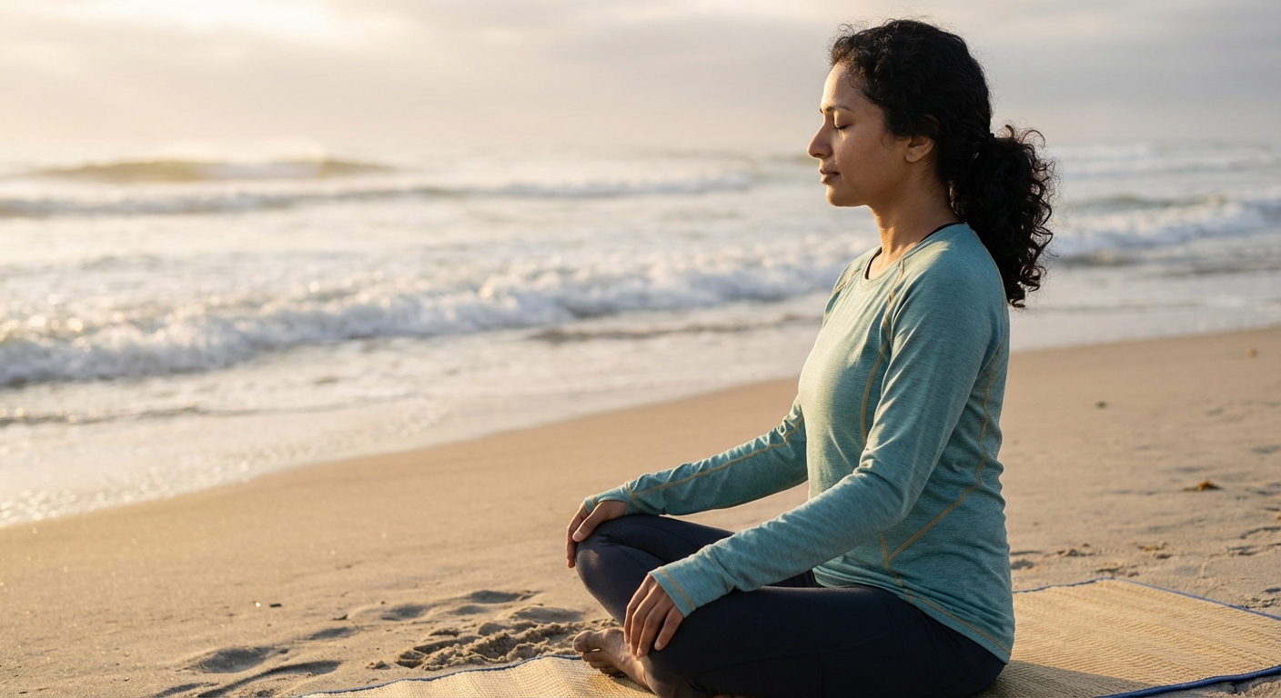 Woman practicing gentle beach yoga for autoimmune wellness
