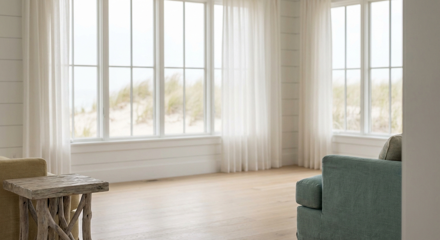 Serene coastal living room with soft morning light