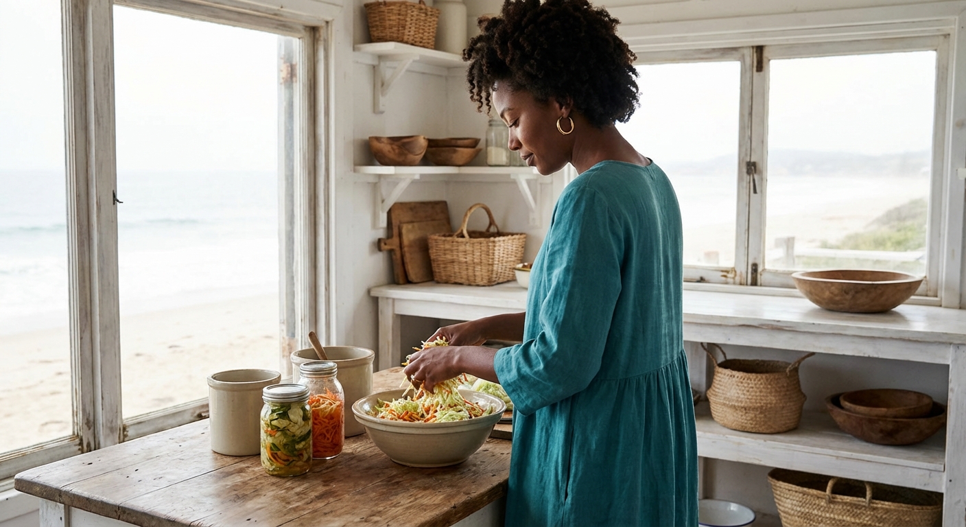 Woman preparing healthy meal representing digestive wellness