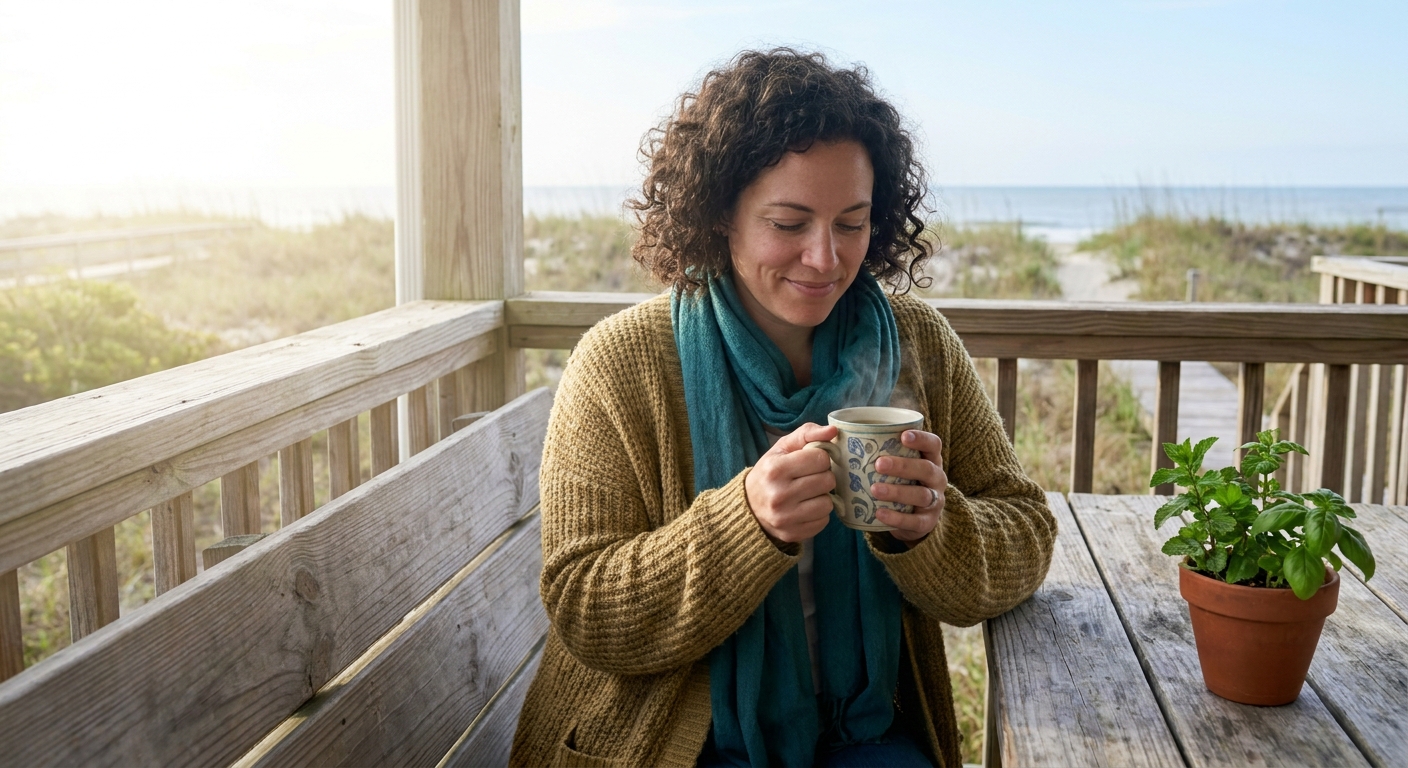 Woman cradling a warm mug of herbal tea on a coastal porch with fresh herbs, representing calm support for mast cell wellness