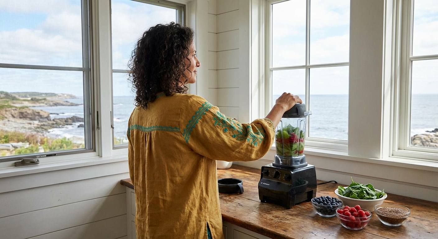 Woman preparing healthy smoothie in coastal kitchen